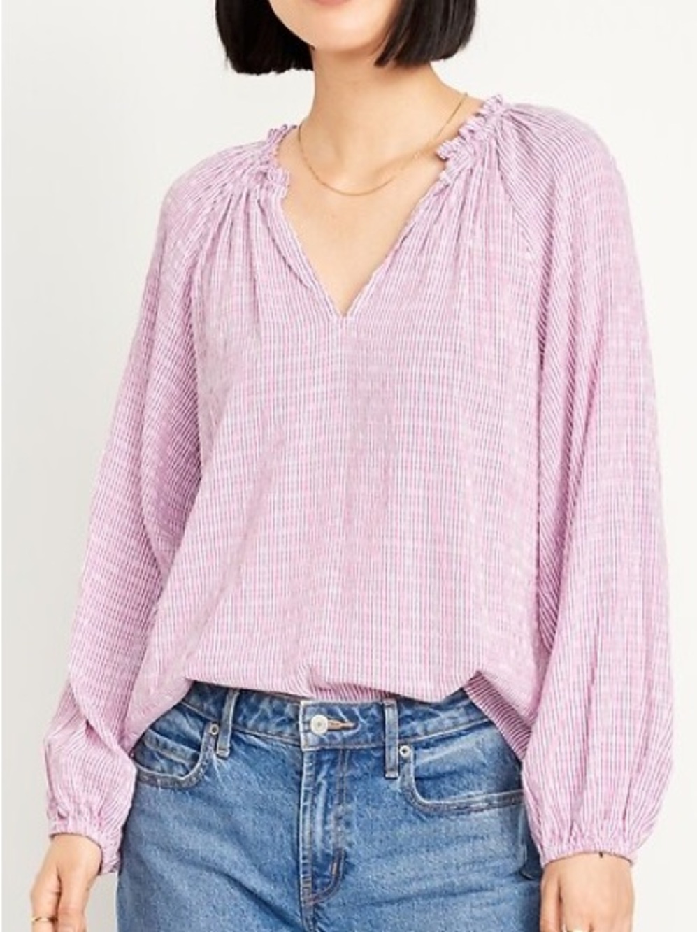 Old Navy Women's Dusty Rose Striped Peasant split neck seersucker Top NWT M